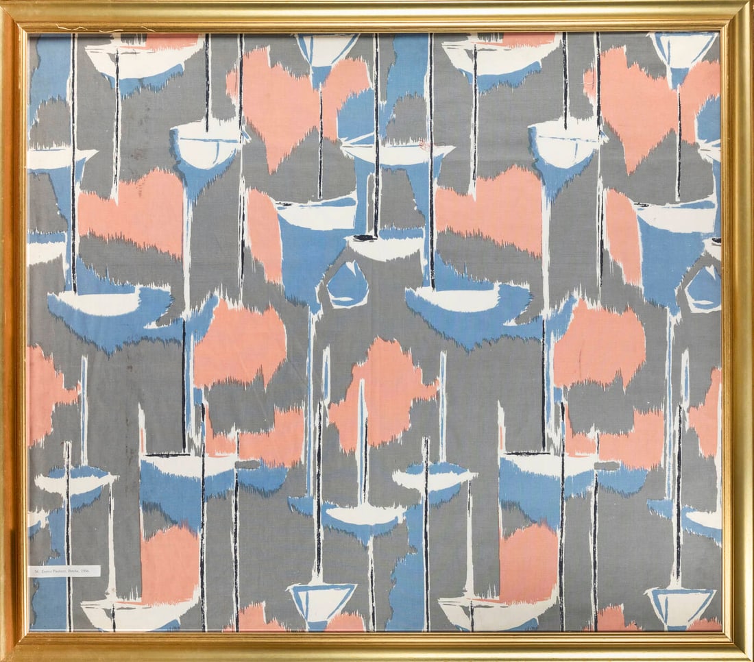 ENRICO PAULUCCI: ENRICO PAULUCCIGenova 1901 - 1999 Torino"Barche" 1956105x122, cotone stampato a mano su disegno di Enrico Paulucci dalla manifattura MITA di Genova Nervi.Collezione storica della ditta Avigdor di Tori