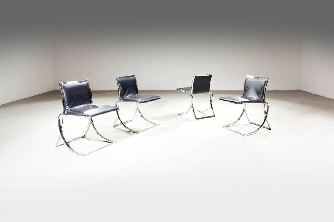 SERGIO ASTI: SERGIO ASTIQuattro sedieStruttura in acciaio, imbottitura rivestita in pelle. Anni '70cm 76x48x58Difetti