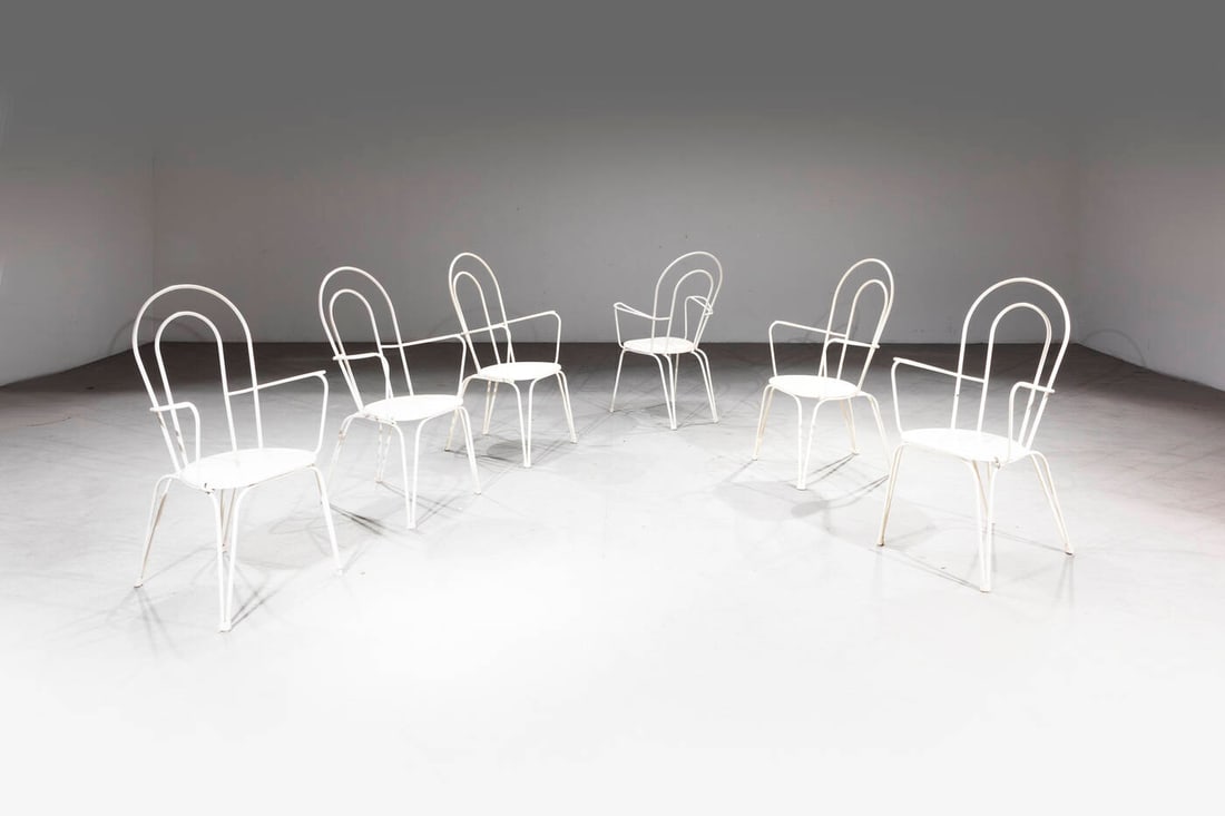 PRODUZIONE ITALIANA: PRODUZIONE ITALIANA Sei sedie Struttura in ferro verniciato. Anni '60 cm 99x64x55,5 Difetti