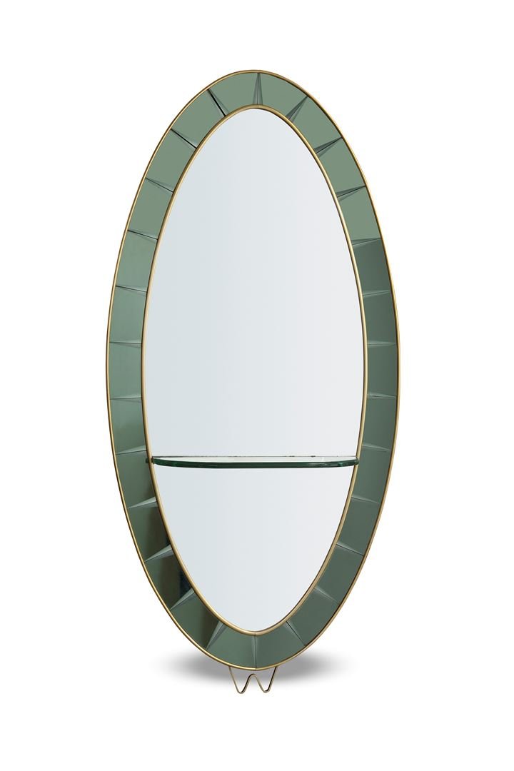 CRISTAL ART Specchiera con cornice in cristalli: Prod. Cristal Art 1960 circa Bibl.: Rivista dell arredamento n° 76, Aprile 1961, inserzione pubblicitaria. cm 230x109