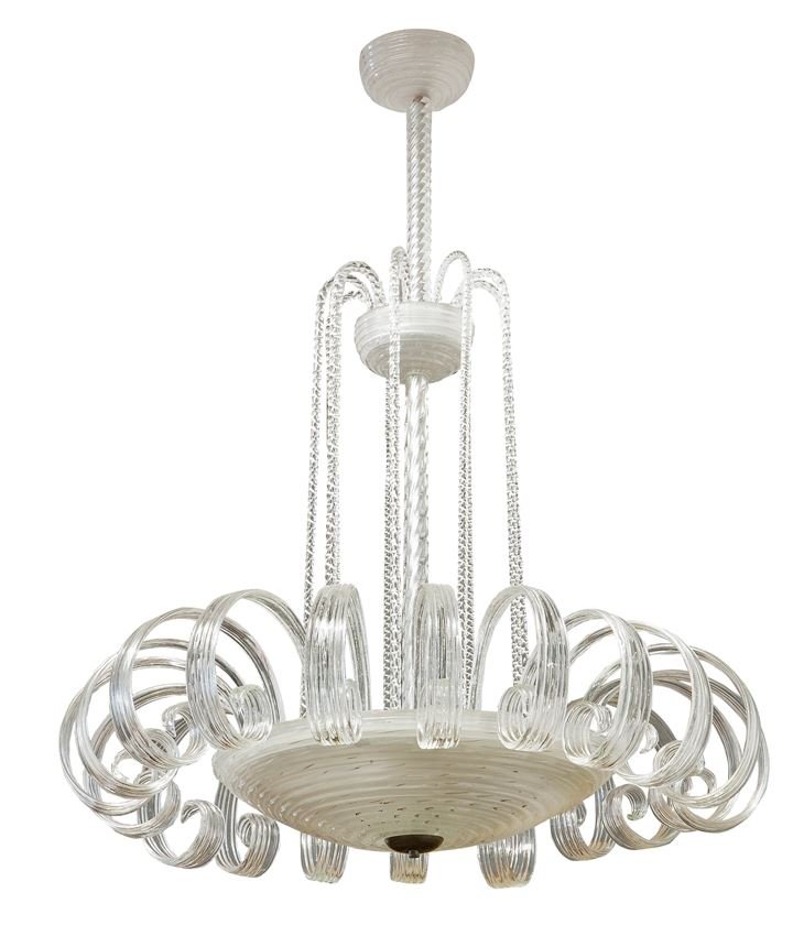 BAROVIER & TOSO Grande lampadario con coppa e elementi: Zampilli in vetro trasparente e ventii foglie. h cm 95x80