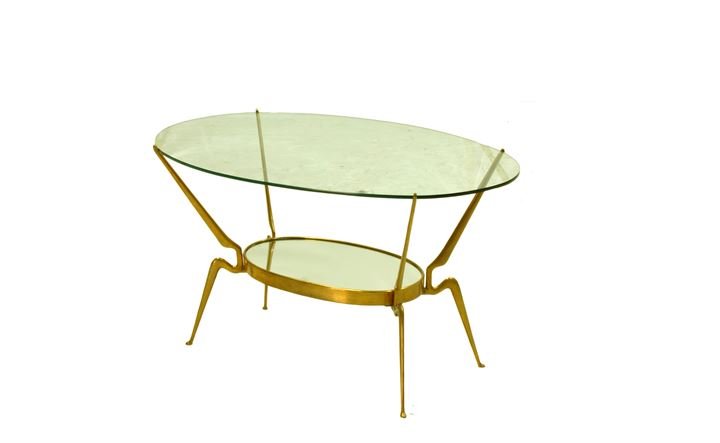 LACCA CESARE Tavolino con struttura in ottone lucido,: Anni '50 cm 48,5x65x50,5