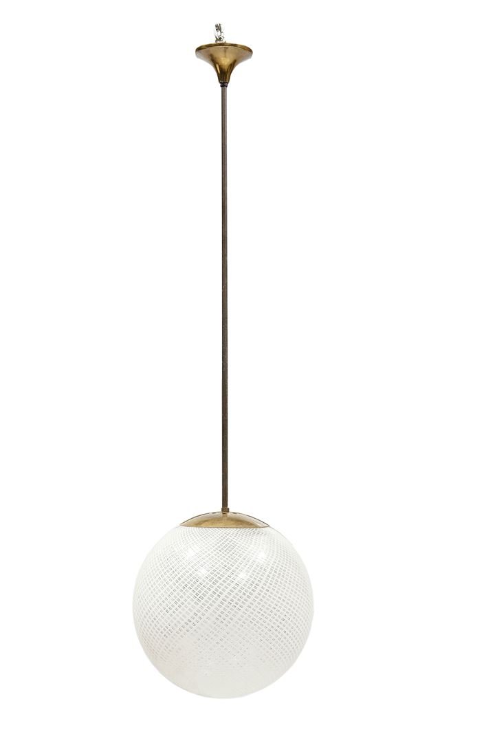 VENINI Lampadario in vetro di Murano a reticello e: Prod. Venini anni '50 cm 85x30