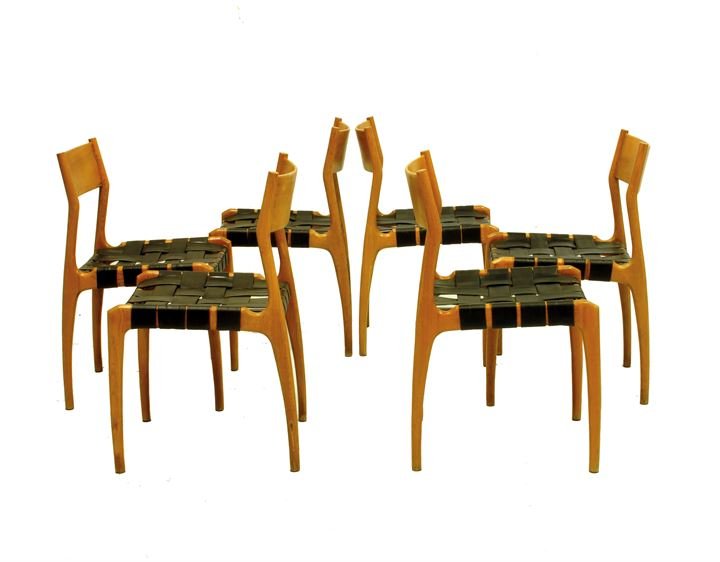STUDIO TIPI 993 Sei sedie con struttura in legno e: Prod. Montina 1950 ca cm 82x50x44
