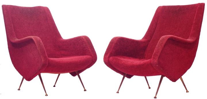 I.S.A Coppia di poltrone rivestite in velluto e: Anni '50cm 90x60x85