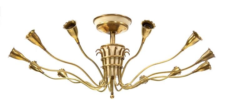 LELLI ANGELO Lampadario in ottone, alluminio laccato.: Prod. Arredoluce anni '50Etichetta del produttorecm 52x114