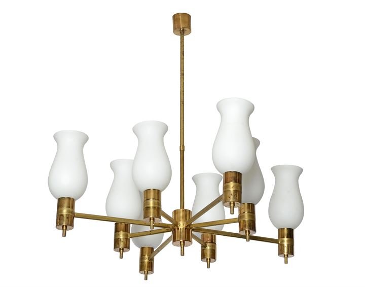 ARREDOLUCE (attribuito) Lampada a sospensione in ottone: diffusori in vetro opalino.Anni '50cm 80x85