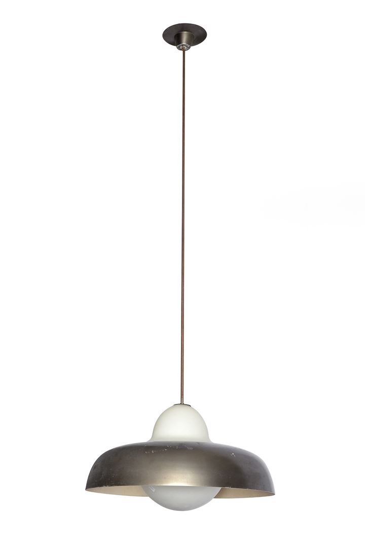 GARDELLA IGNAZIO Lampada da sospensione "Paolina", in: vetro pressato prismatico, sabbiato e perspexProd. Azucena anni '50cm 180x80Bibl.: catalogo originale Azucena