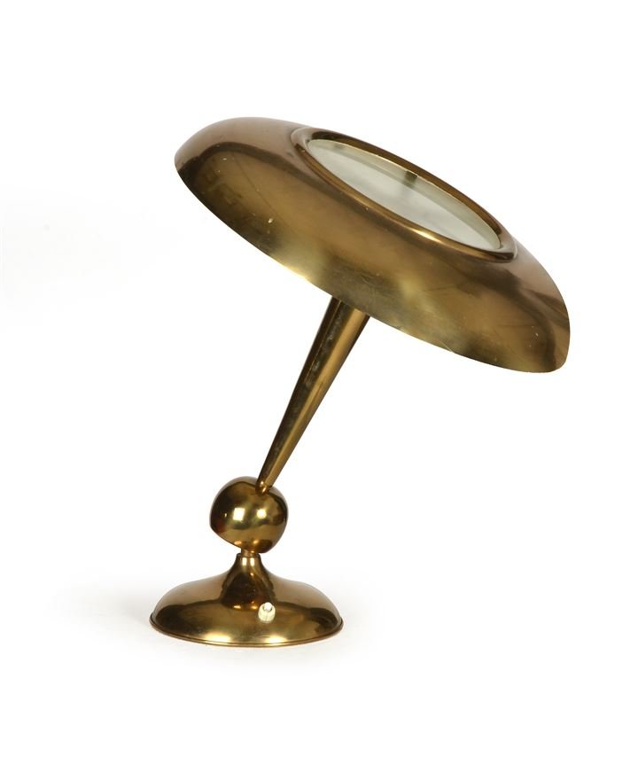 TORLASCO OSCAR Lampada da tavolo orientabile in ottone: diffusore in vetro stampato Produz. Lumi anni '50 cm 40x40