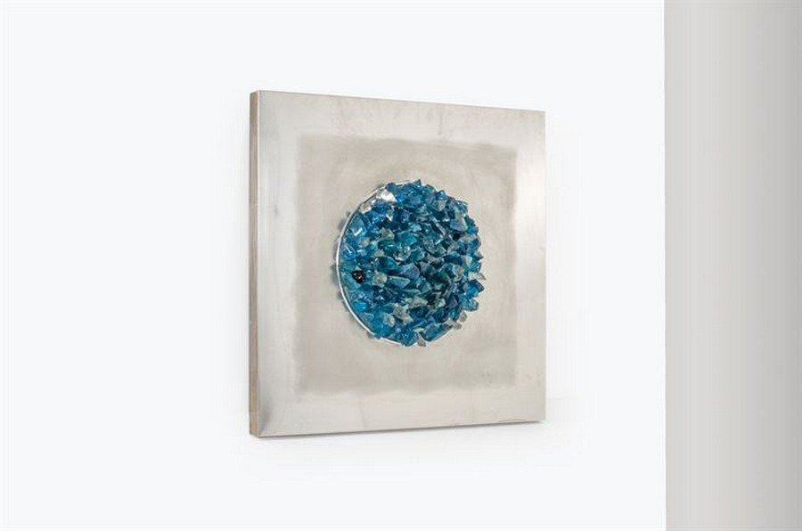 BROTTO ANGELO_x000D_ Oceano Blu: Pannello in vetro colorato nelle varie tonalitÃ del blu e acciaio inossidabile parzialmente cromato.Firmato Brotto in basso a destraProd. Esperia 1973cm 80x80