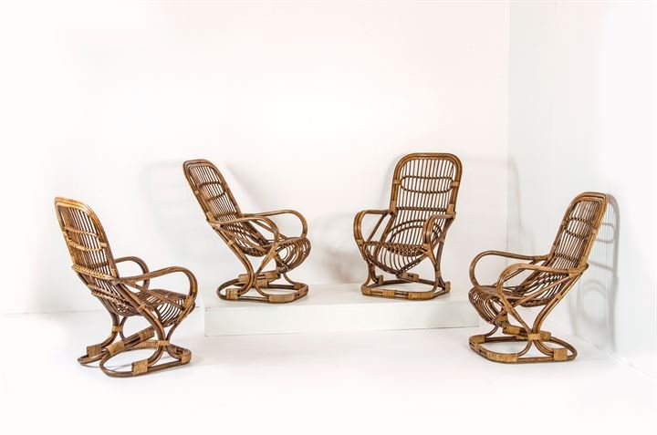 PRODUZIONE ITALIANA: Serie di quattro poltroncine in bamboo, Anni '60 cm 106x70x65