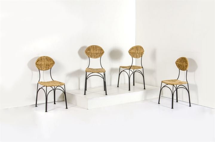 DIXON TOM_x000D_ Quattro sedie della serie "Banana: Struttura in metallo grigio antracite e fibra di banano.Prod. Cappellini anni '80cm 95x40x38,5