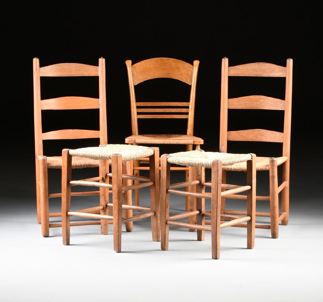 A GROUP OF THREE CHAIRS AND TWO STOOLS, (1 of 10)