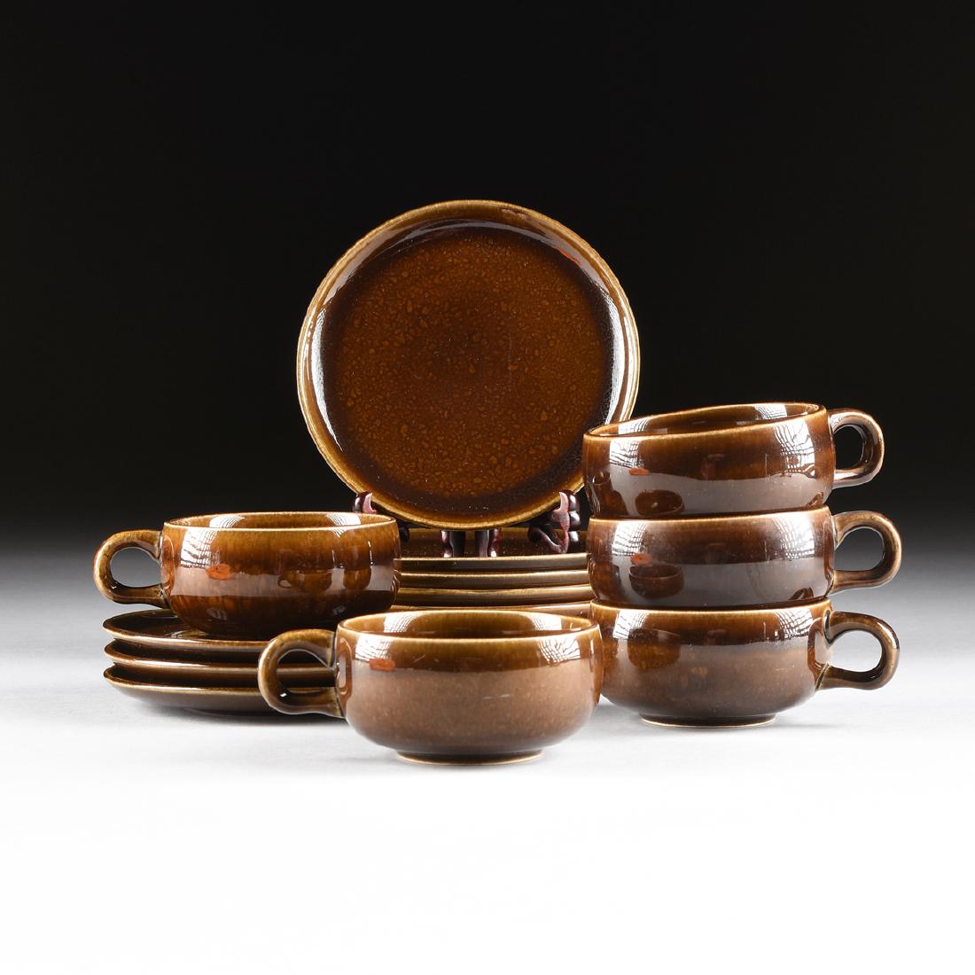 A GROUP OF FIFTEEN PIECES OF RUSSEL WRIGHT (American,: A GROUP OF FIFTEEN PIECES OF RUSSEL WRIGHT (American, 1904-1976) BLACK CHUTNEY GLAZED "AMERICAN MODERN" DINNERWARE, FOR STEUBENVILLE POTTERY CO., STEUBENVILLE, OHIO, DESIGNED 1939, comprising five fla