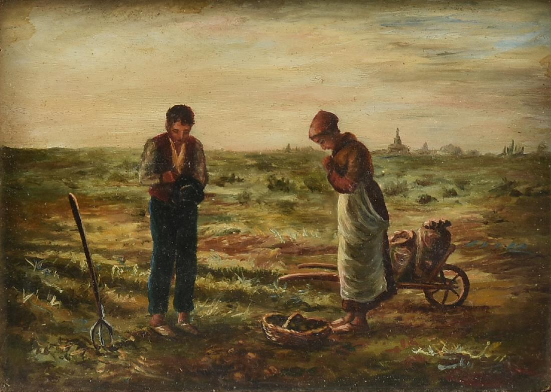after JEAN-FRANCOIS MILLET (French 1814-1875) A: after JEAN-FRANCOIS MILLET (French 1814-1875) A PAINTING, "L'Angelus," LATE 19TH/20TH CENTURY, oil on cardboard, signed L/R. 4 1/2" x 5 1/2"