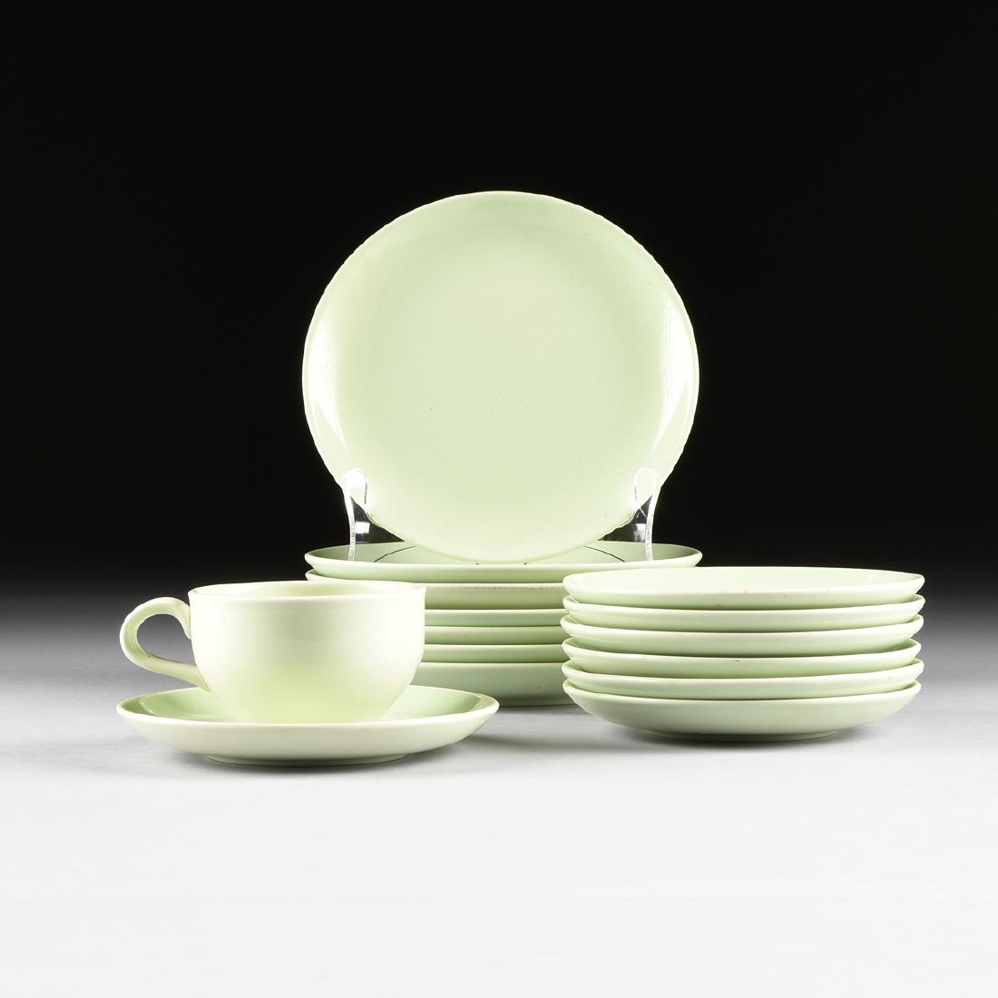 A GROUP OF FIFTEEN PIECES OF RUSSEL WRIGHT (American,: A GROUP OF FIFTEEN PIECES OF RUSSEL WRIGHT (American, 1904-1976) LETTUCE GREEN GLAZED "CASUAL CHINA" DINNERWARE, FOR IROQUOIS CHINA CO., SYRACUSE, NEW YORK, DESIGNED 1947, comprising one tall tea cup,