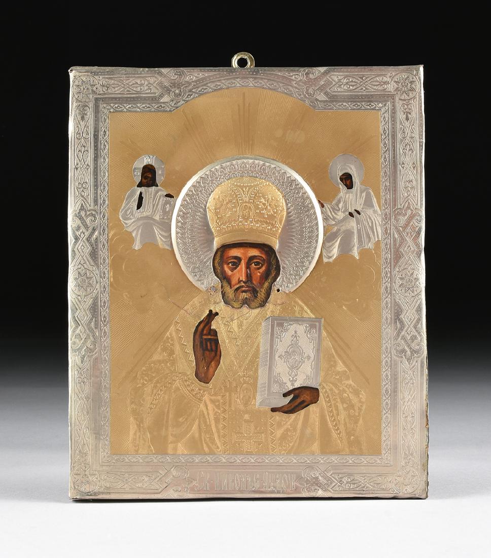 A RUSSIAN SILVERED COPPER AND BRASS OKLAD OVER OIL ON (1 of 7)