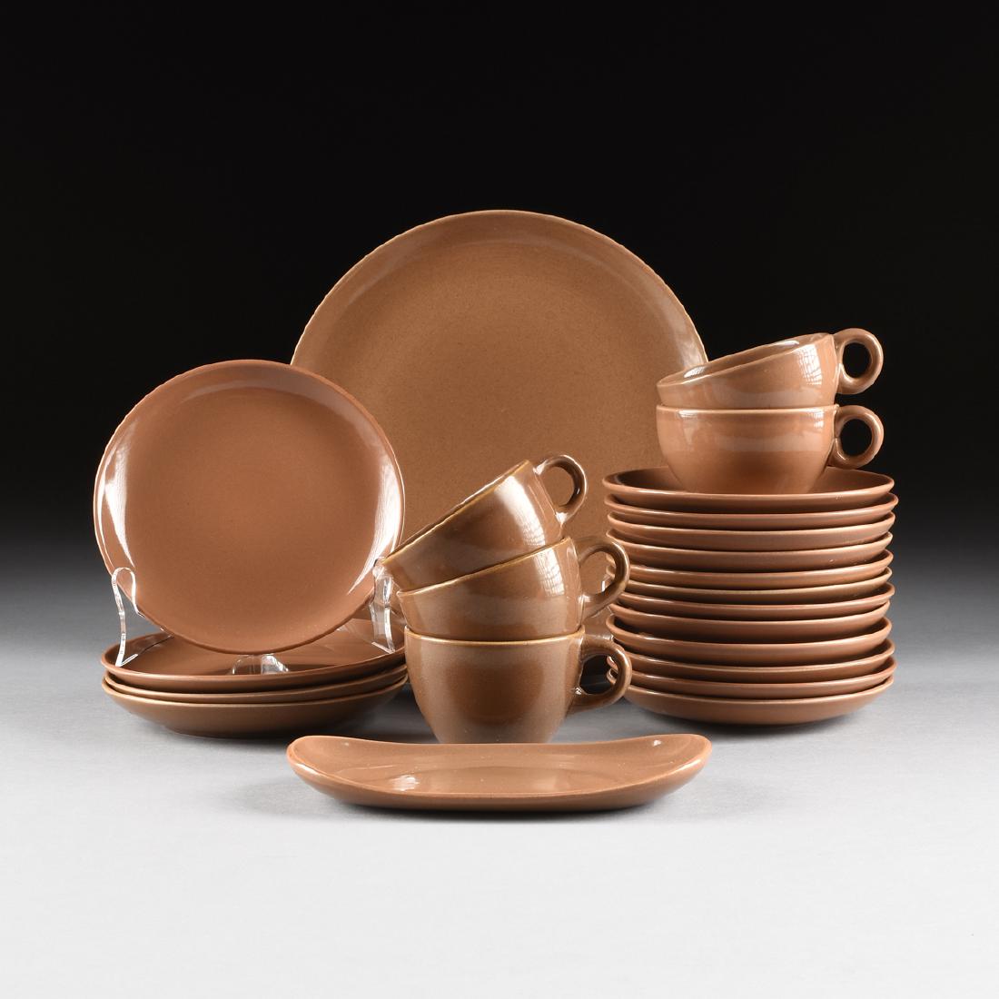 A GROUP OF TWENTY-FOUR PIECES OF RUSSEL WRIGHT: A GROUP OF TWENTY-FOUR PIECES OF RUSSEL WRIGHT (American, 1904-1976) NUTMEG BROWN GLAZED "CASUAL CHINA" DINNERWARE, FOR IROQUOIS CHINA CO., SYRACUSE, NEW YORK, DESIGNED 1947, comprising two low tea cu