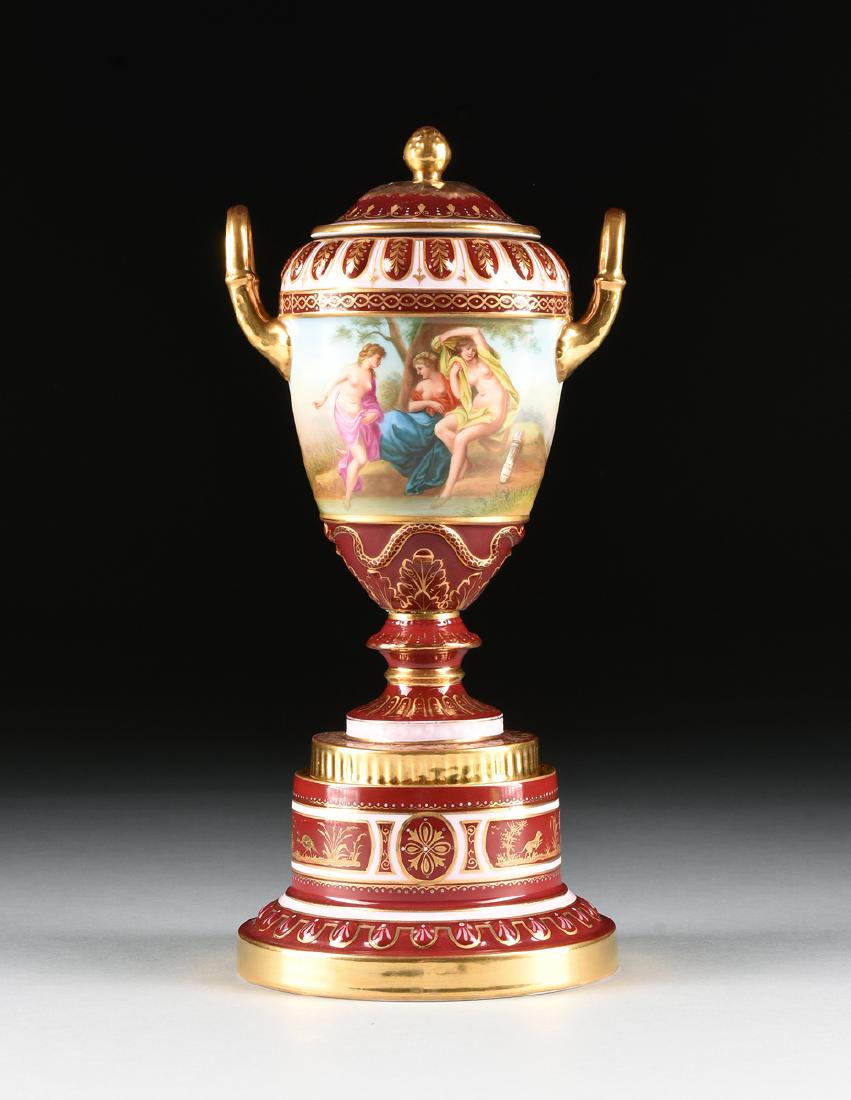 A ROYAL VIENNA STYLE PORCELAIN COVERED VASE ON STAND, (1 of 10)