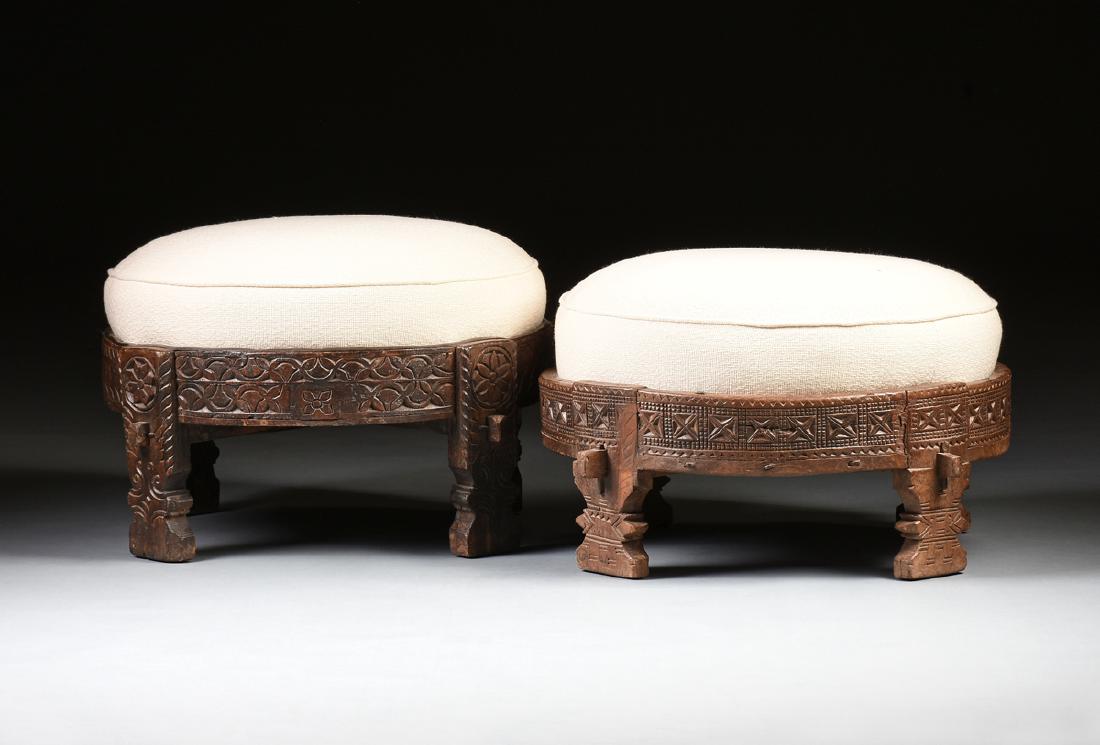 TWO INDONESIAN CARVED TEAK CREAM CHENILLE UPHOLSTERED (1 of 9)