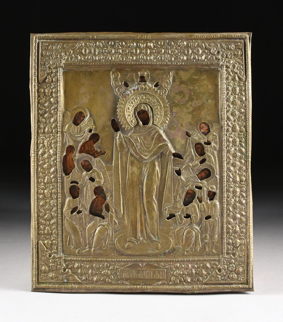 A RUSSIAN SILVERED BRASS OKLAD MOUNTED OIL ON PANEL (1 of 6)