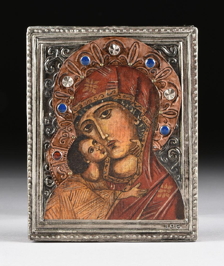 A RUSSIAN STYLE OIL ON BOARD ICON WITH COPPER AND (1 of 7)