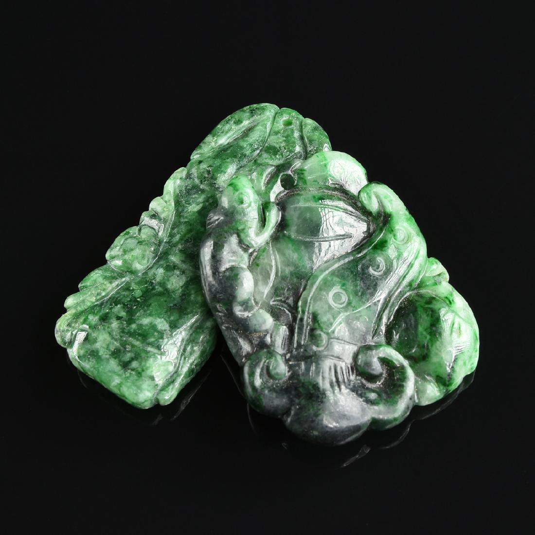TWO CHINESE SPINACH GREEN JADE PENDANTS, MODERN, (1 of 5)