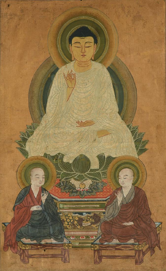 AN ANTIQUE POLYCHROME PAINTED AND FRAMED THANGKA, (1 of 7)