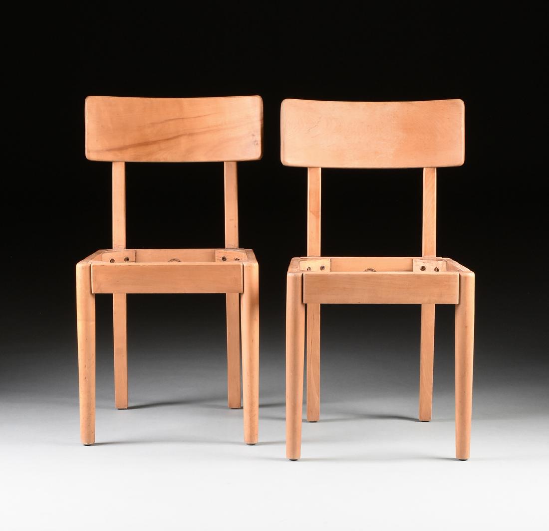 RUSSEL WRIGHT (American 1904-1976) A SET OF TWO: RUSSEL WRIGHT (American 1904-1976) A SET OF TWO "AMERICAN MODERN" MAPLE SIDE CHAIRS, FOR CONANT-BALL, GARDNER, MASSACHUSETTS, CIRCA 1935-1949, with curved back attached to squared tapering stiles, squ