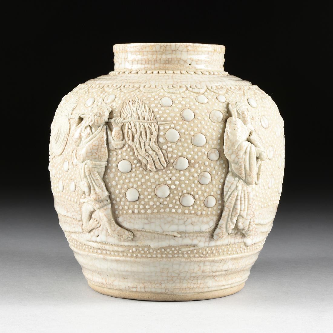 A CHINESE PORCELAIN URN WITH MOLDED DECORATION, 20TH (1 of 10)