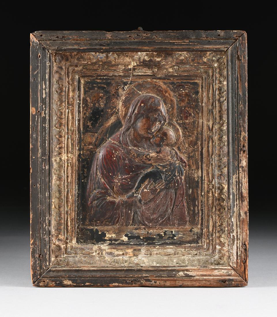 A GREEK RELIEF CARVED PARCEL GILT POLYCHROME GESSO AND (1 of 8)