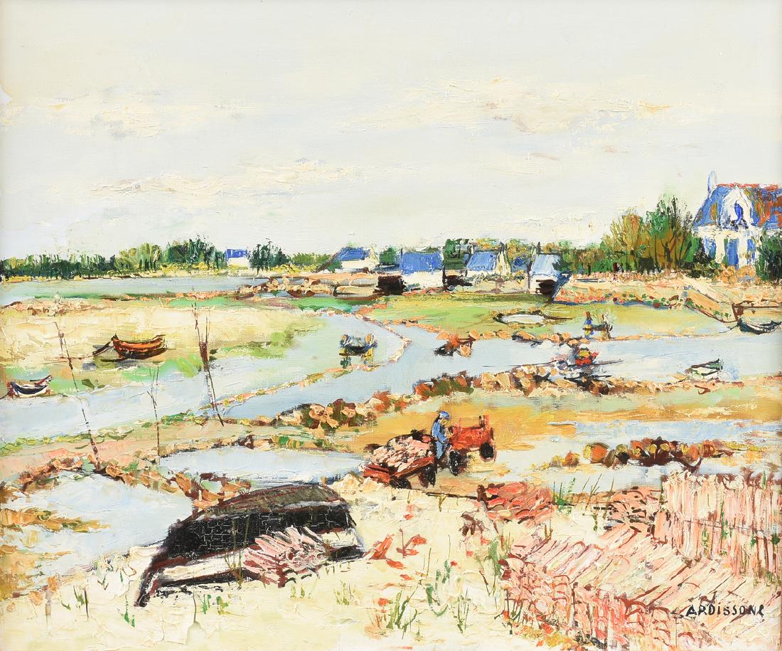 YOLANDE ARDISSONE (French b. 1927) A PAINTING, "Bassins: YOLANDE ARDISSONE (French b. 1927) A PAINTING, "Bassins a Huitres en Bretagne," oil on canvas, signed L/R. 18" x 22" NOTE: Includes leather bound letter of authenticity from Findlay Galleries dated Oc