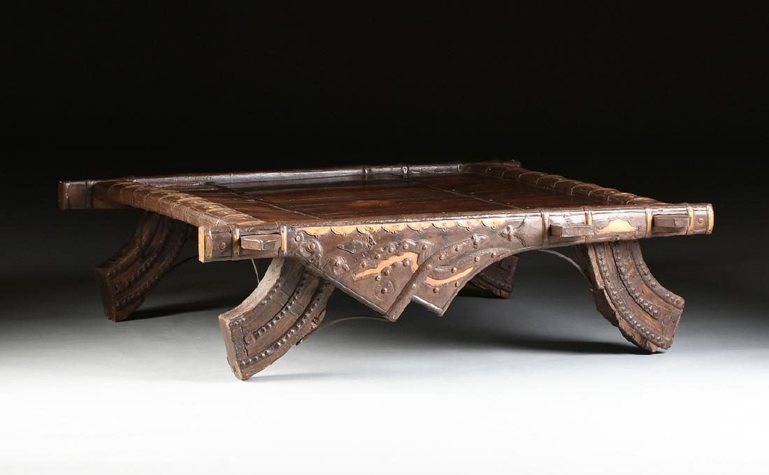AN INDIAN BRASS AND WROUGHT IRON MOUNTED CARVED WOOD (1 of 9)