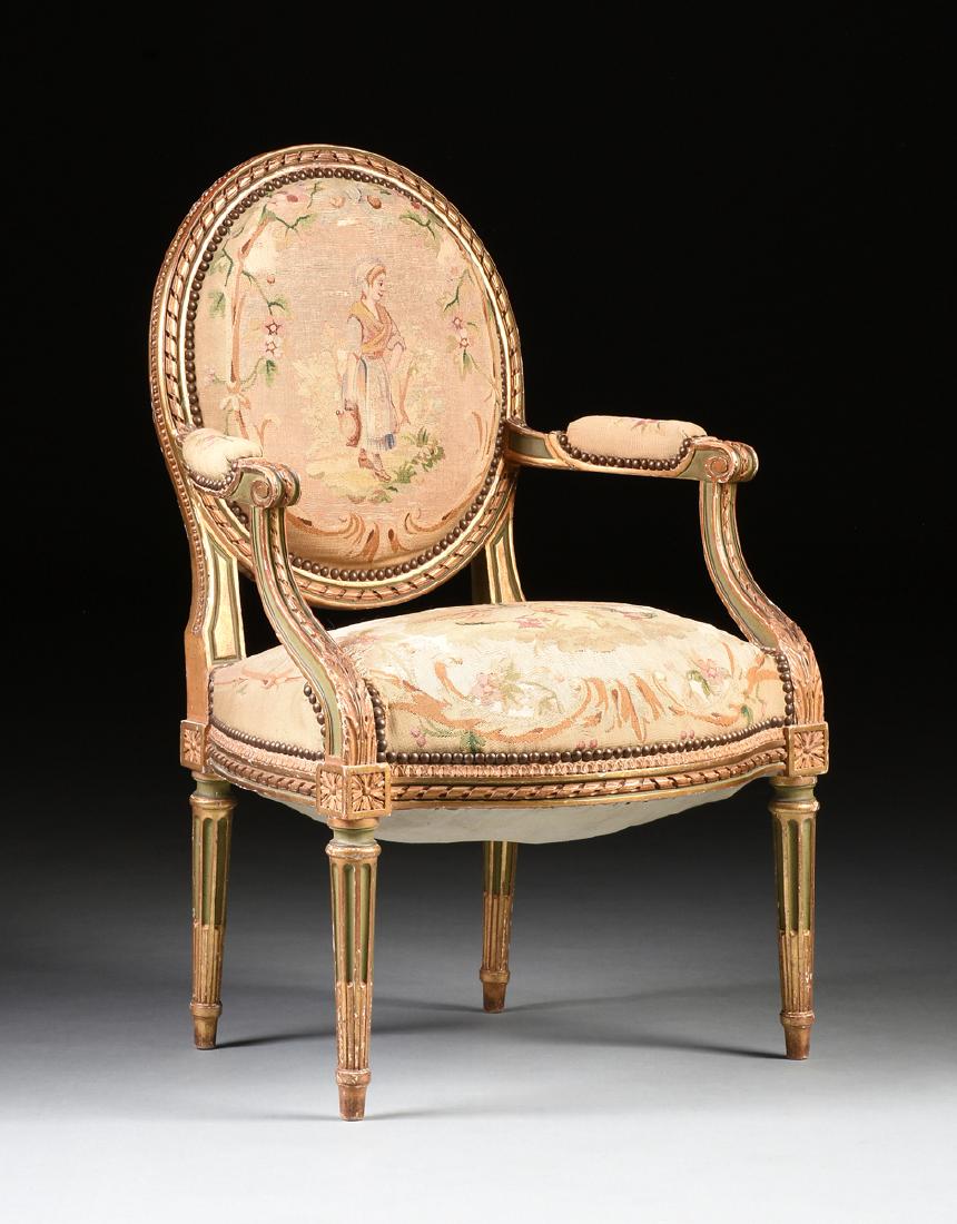 A FRENCH LOUIS XVI STYLE PAINTED AND GILT CARVED OAK (1 of 9)