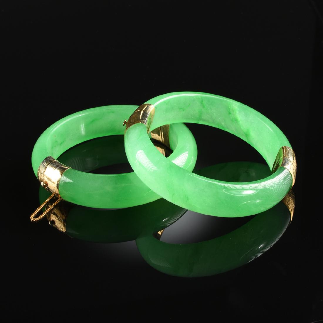 TWO CHINESE JADE BANGLES WITH GOLD TONE CLASPS, MODERN, (1 of 2)