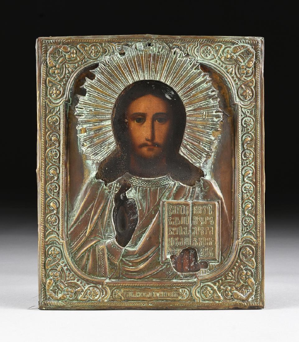 AN ANTIQUE RUSSIAN ICON WITH BRASS OKLAD OIL ON BOARD (1 of 8)