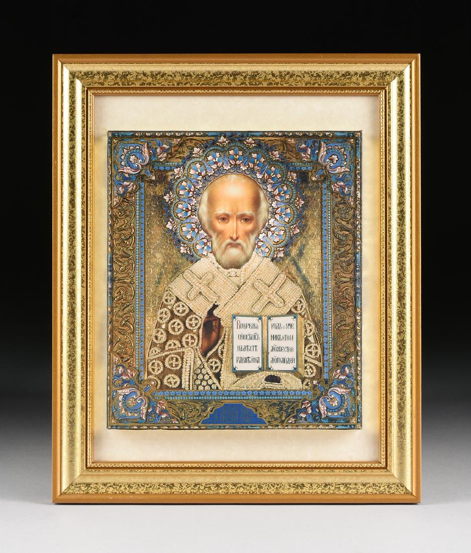 A RUSSIAN PRINT OF ST. NICHOLAS THE MIRACLE WORKER,: A RUSSIAN PRINT OF ST. NICHOLAS THE MIRACLE WORKER, MODERN, after an original Moscow icon from the late 19th century with an enameled scrolling foliate gold frame and niello decoration centered by a C
