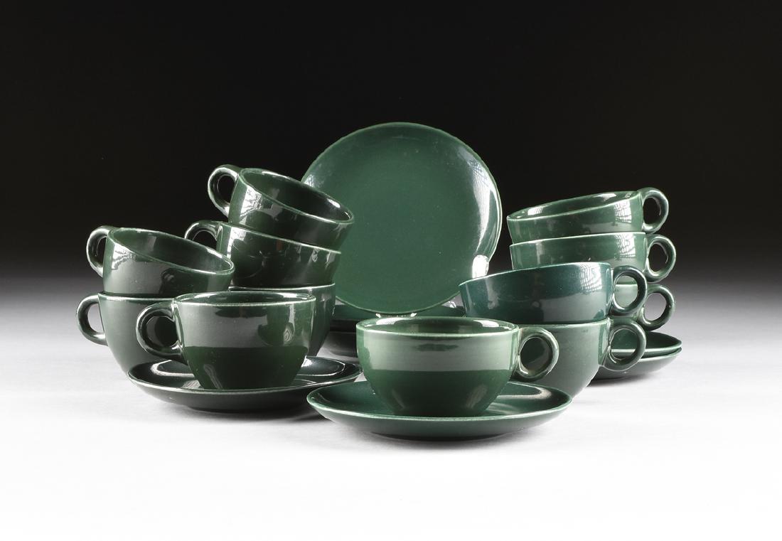A GROUP OF NINETEEN PIECES OF RUSSEL WRIGHT (American,: A GROUP OF NINETEEN PIECES OF RUSSEL WRIGHT (American, 1904-1976) PARSLEY GREEN GLAZED "CASUAL CHINA" DINNERWARE, FOR IROQUOIS CHINA CO., SYRACUSE, NEW YORK, DESIGNED 1947, comprising six low tea cups