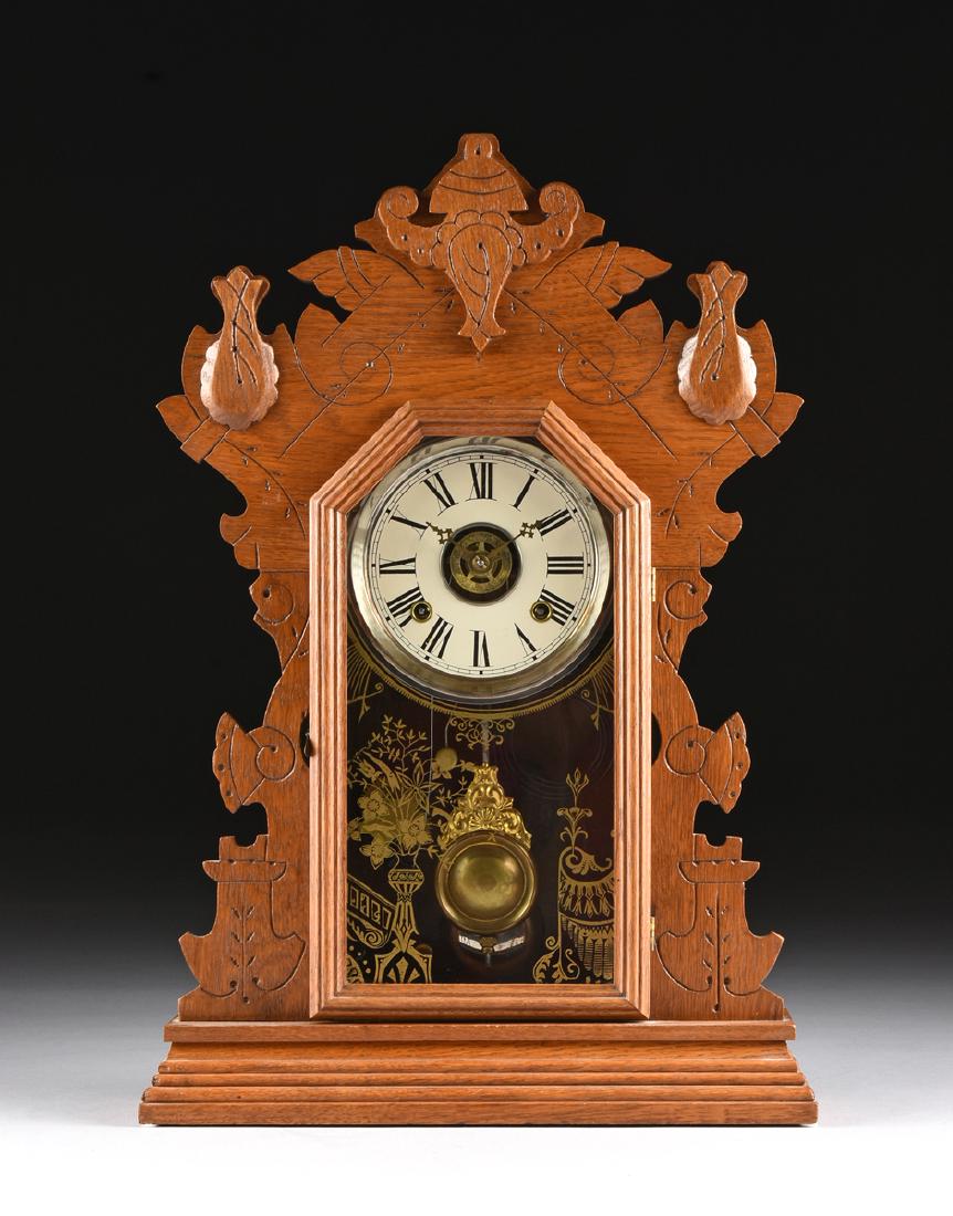AN ANSONIA CLOCK COMPANY EIGHT DAY CARVED OAK MANTLE (1 of 7)