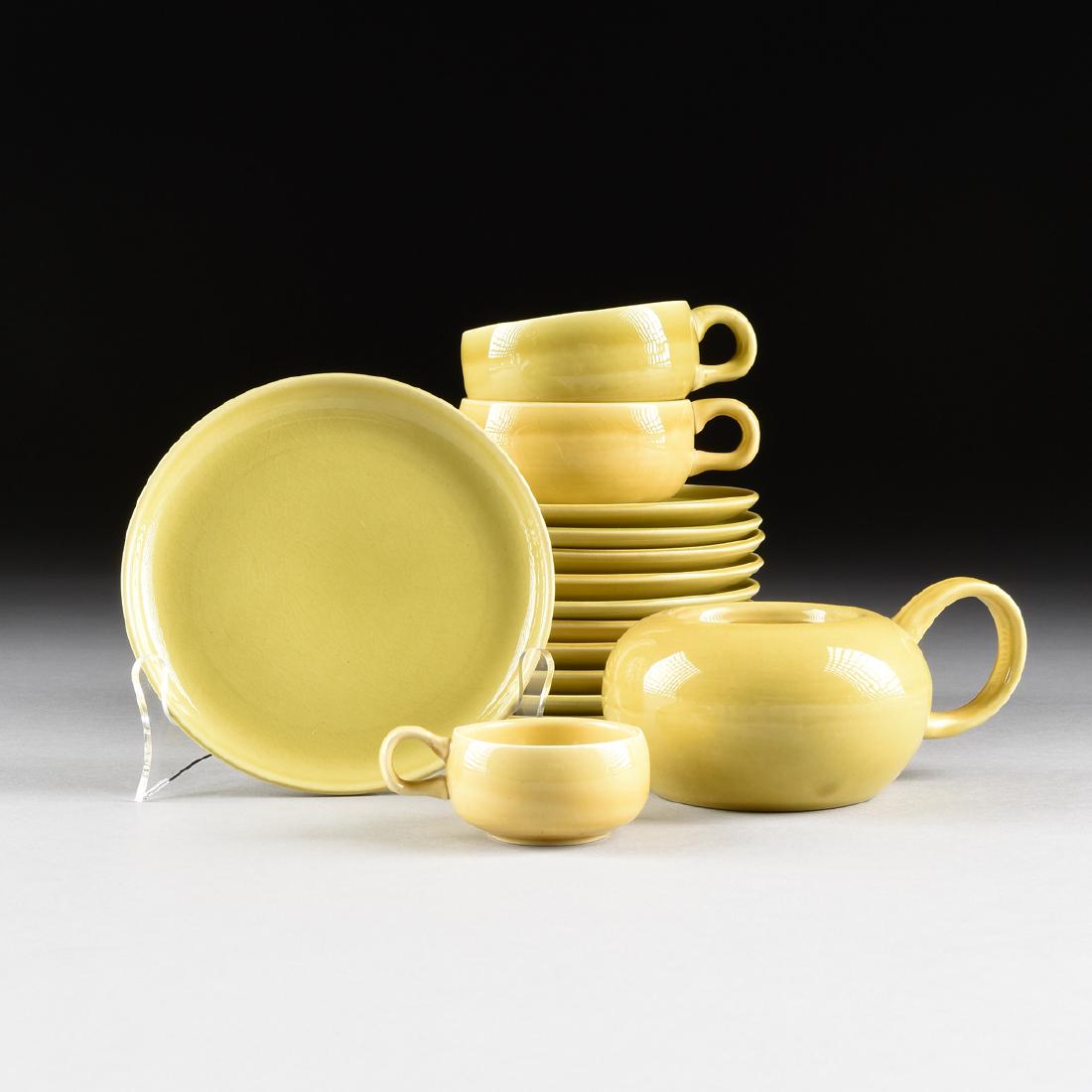 A GROUP OF FIFTEEN PIECES OF RUSSEL WRIGHT (American,: A GROUP OF FIFTEEN PIECES OF RUSSEL WRIGHT (American, 1904-1976) CHARTREUSE GLAZED "AMERICAN MODERN" DINNERWARE, FOR STEUBENVILLE POTTERY CO., STEUBENVILLE, OHIO, DESIGNED 1939, comprising one flat de