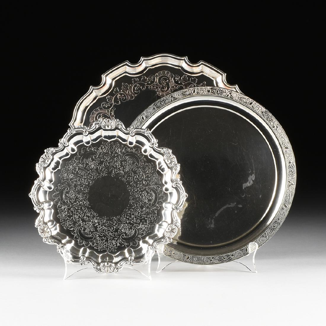 A GROUP OF THREE SILVER PLATED SERVING TRAYS, AMERICAN (1 of 10)