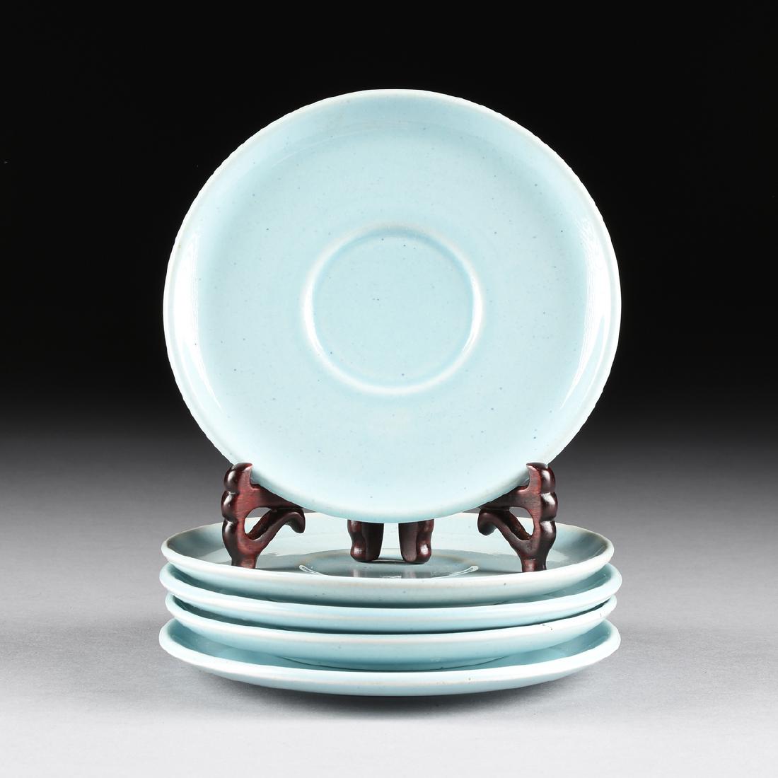 A GROUP OF FIVE RUSSEL WRIGHT (American, 1904-1976): A GROUP OF FIVE RUSSEL WRIGHT (American, 1904-1976) GLACIER BLUE GLAZED "AMERICAN MODERN" SAUCERS, FOR STEUBENVILLE POTTERY CO., STEUBENVILLE, OHIO, DESIGNED 1939, marks: "Russel, Wright, MFG BY, STEU