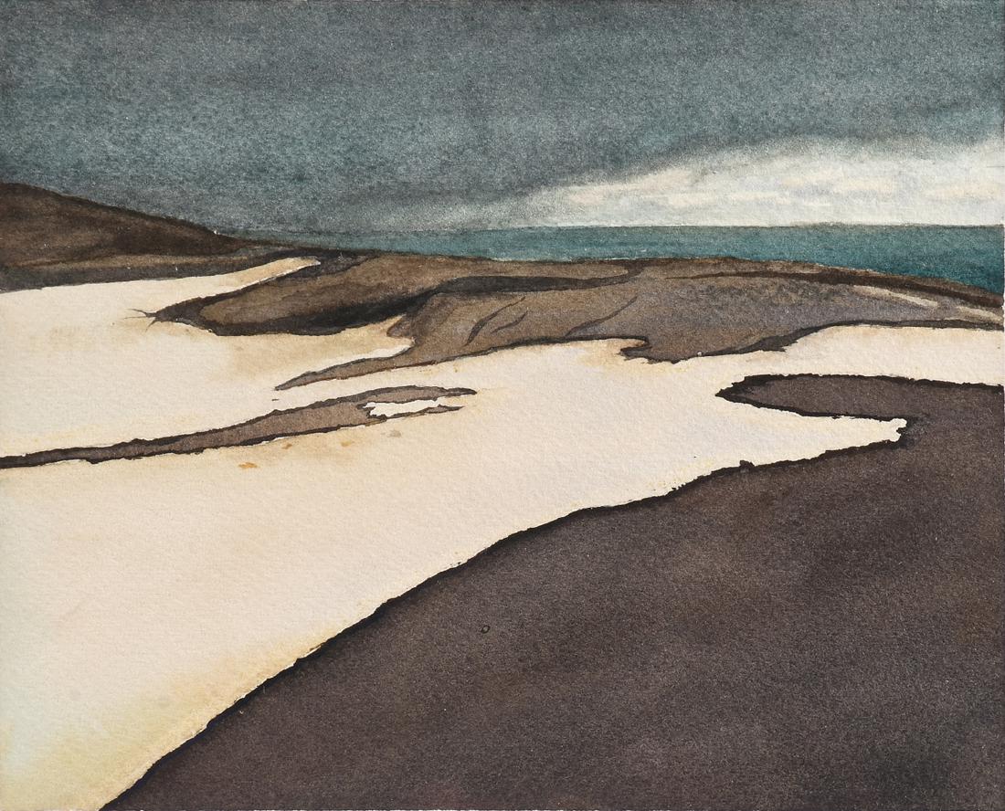 A MINIMALIST JAPANESE CONTEMPORARY PAINTING, 20TH: A MINIMALIST JAPANESE CONTEMPORARY PAINTING, 20TH CENTURY, "Seascape," watercolor on paper, signed in pencil L/R. 7" x 8"