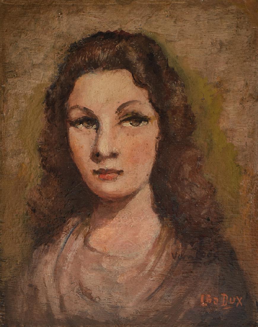 A PAINTING, "Portrait of a Lady," PROBABLY CONTINENTAL,: A PAINTING, "Portrait of a Lady," PROBABLY CONTINENTAL, MID 20TH CENTURY, oil on plywood, inscribed in black "Van Loos," and in red "USA Dux" L/R.