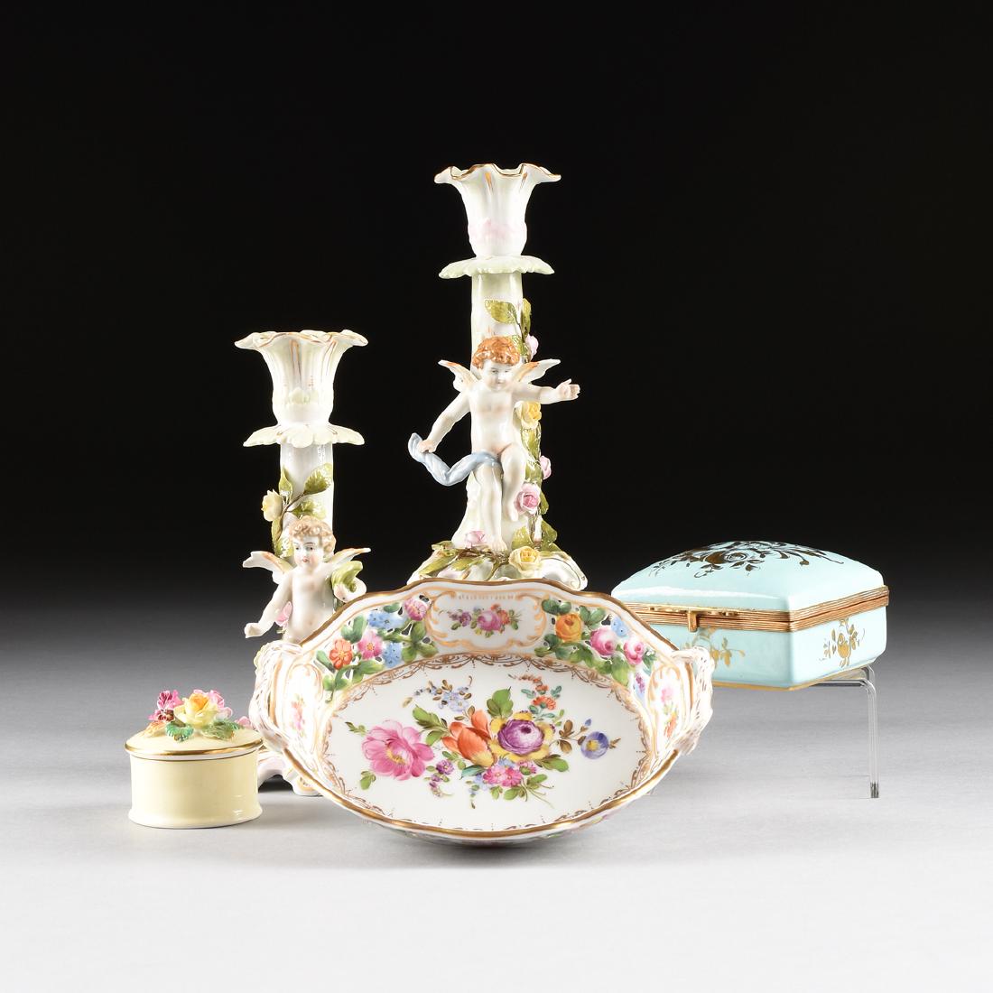 A GROUP OF FIVE PORCELAIN ITEMS,: A GROUP OF FIVE PORCELAIN ITEMS, comprising a French turquoise ground gilt metal mounted porcelain box with lid, with gilt floral spray decoration, marks: "Hand painted," "Made in France," height: 2 3