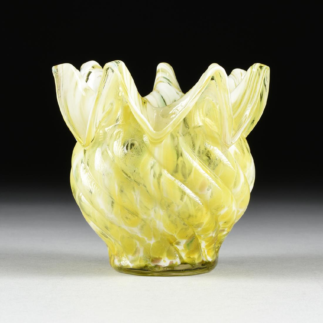 A CZECH CASED SPATTER GLASS BOWL, CIRCA 1950-1960,: A CZECH CASED SPATTER GLASS BOWL, CIRCA 1950-1960, the diagonally swirled bowl with pinched turned over rim, in clear glass with hot rolled white and chartreuse glass with metallic gold inclusions, un