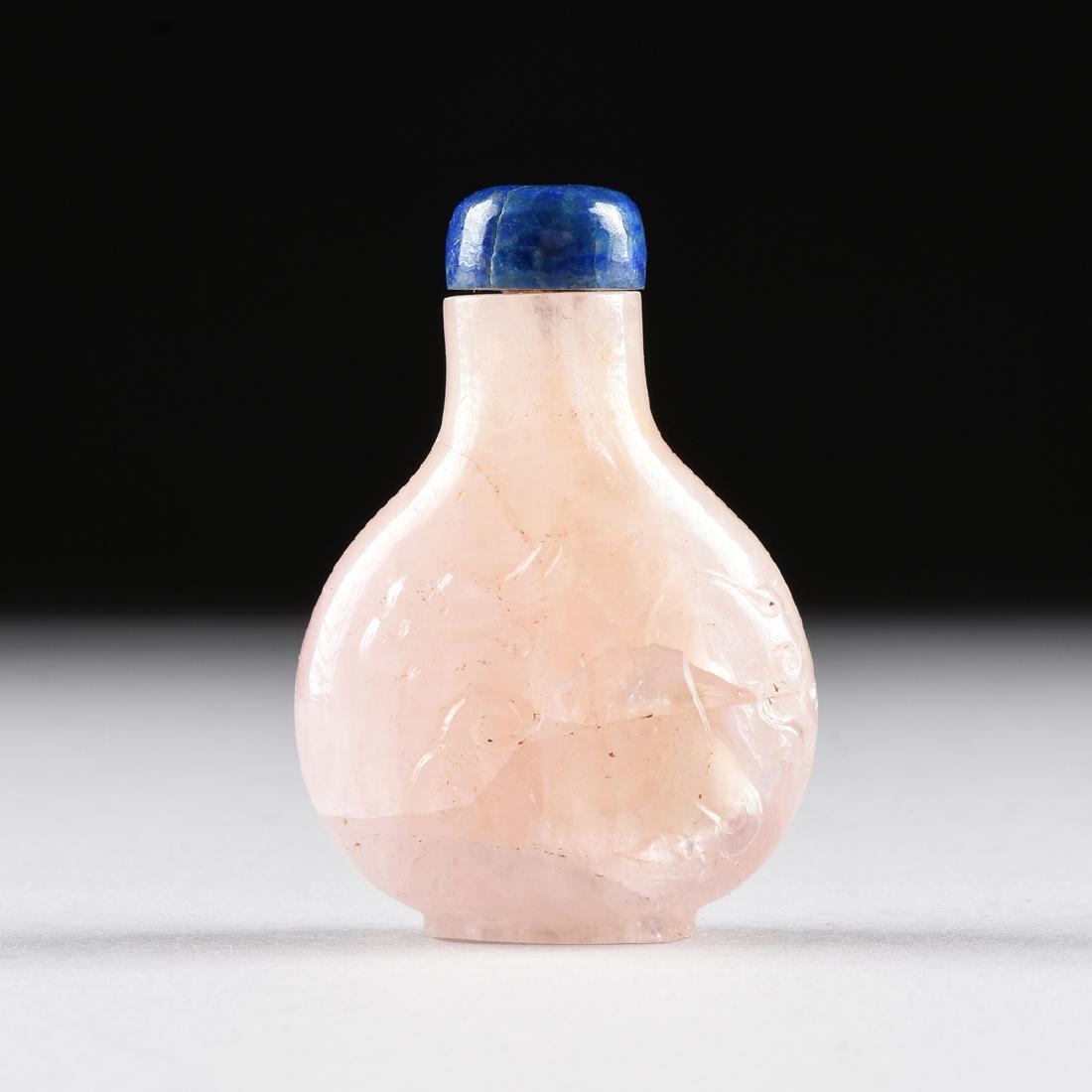 A CHINESE CARVED ROSE QUARTZ SNUFF BOTTLE, (1 of 7)