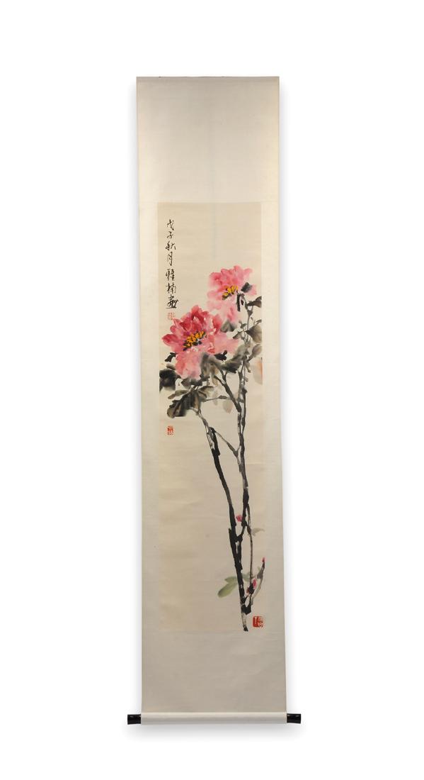 A CHINESE WATERCOLOR ON PAPER PAINTED SCROLL, SIGNED, (1 of 5)