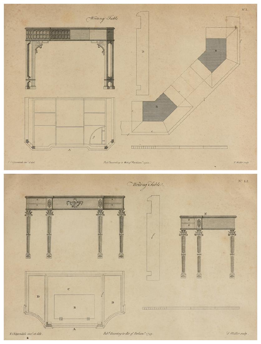 TWO CHIPPENDALE COPPERPLATE FURNITURE ENGRAVINGS,: TWO CHIPPENDALE COPPERPLATE FURNITURE ENGRAVINGS, "No L. Writing Desk" and "No L. I Writing Desk," published according to act of Parliament 1753. 9 1/4" x 14 1/4"
