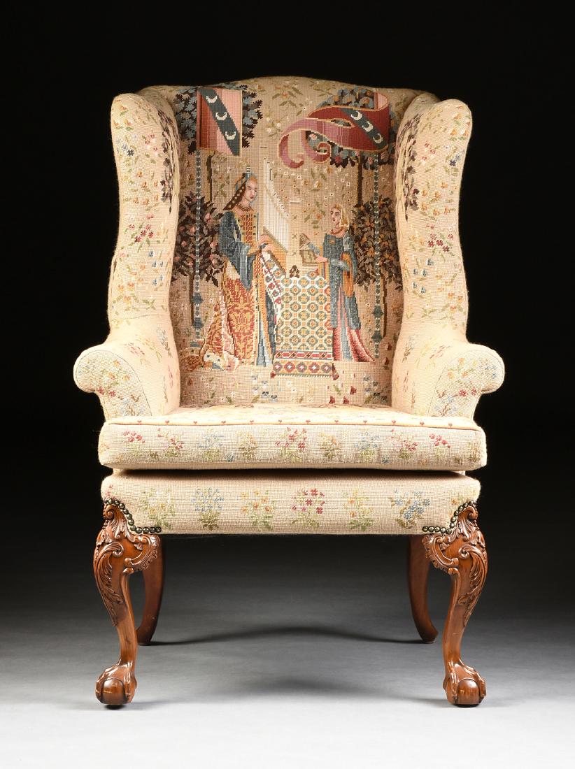 A GEORGE I STYLE CARVED MAHOGANY WINGBACK ARMCHAIR, (1 of 9)